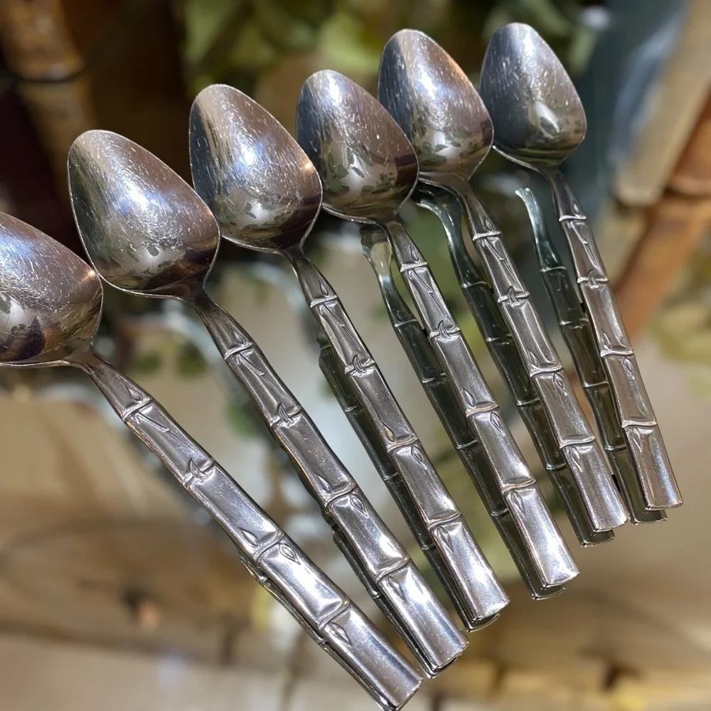 Vintage Bamboo Tiki Set 6 Teaspoons Lifetime Cutlery LC Stainless Flatware